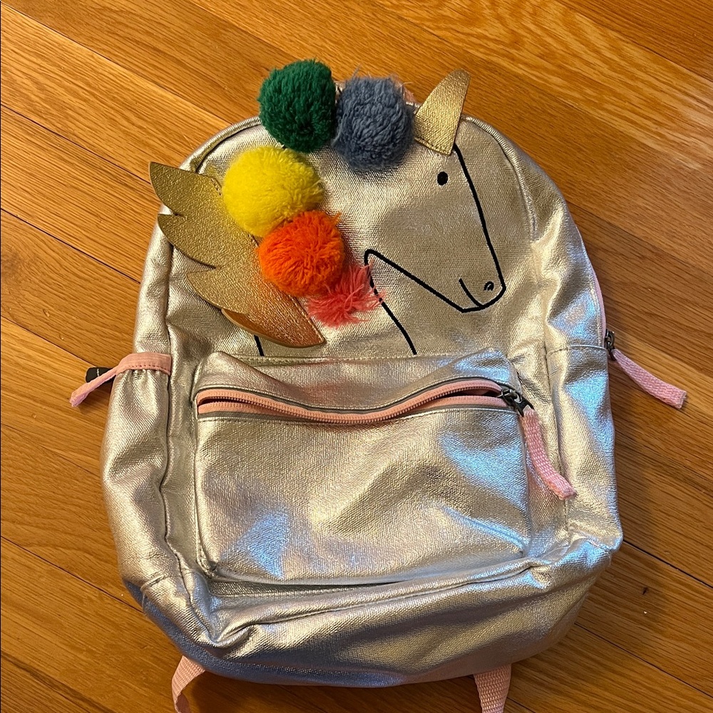 Hanna Andersson Silver Unicorn Backpack with Colorful Pom Poms